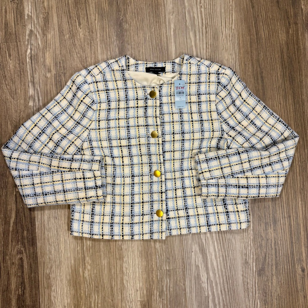 Ann Taylor Petite Pastel Plaid Tweed Cropped Jacket Blazer Gold Buttons NWT 6P